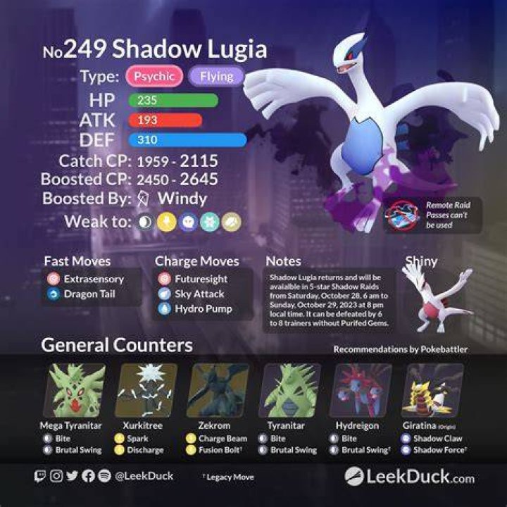 What kills lugia pokemon go